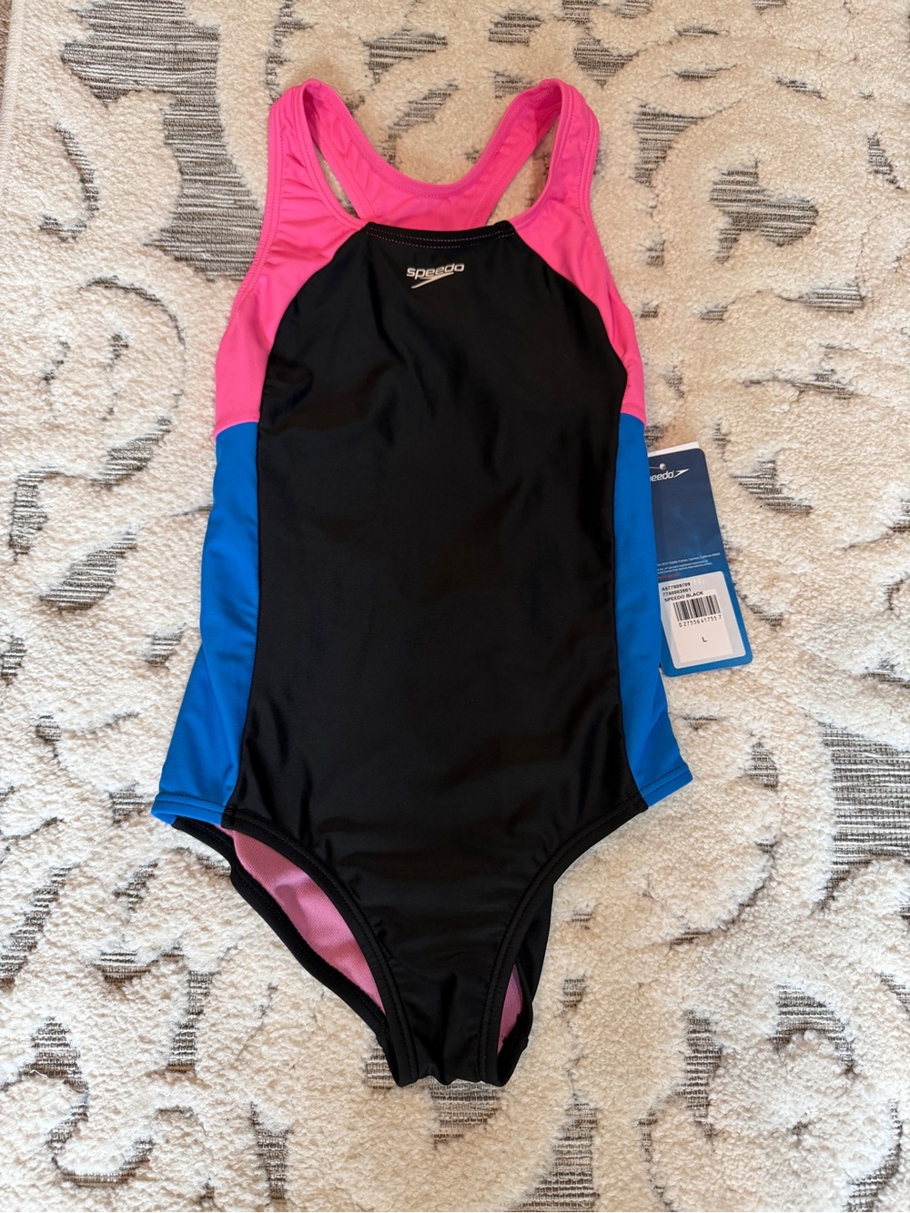New NWT Speedo Girls' Black/Pink/Blue One-Piece Swimsuit size Lg (14-16)
